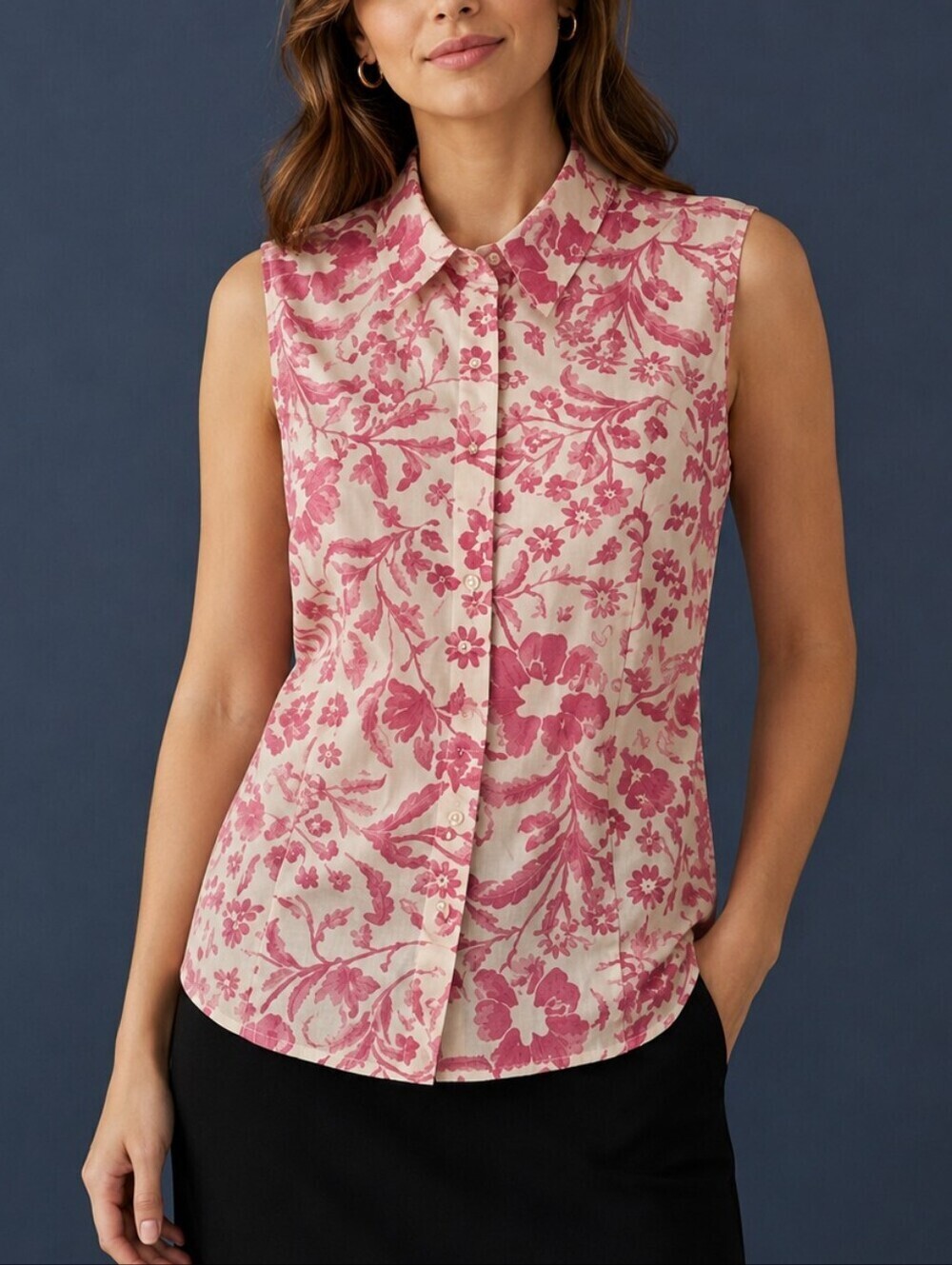EVAN PICONE Pink Floral Sleeveless Button Down Shirt